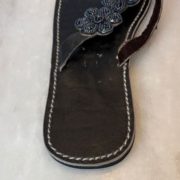 Sandals Shoes Black Floral Beaded Leather Women's Sandals - Picture 7 of 11